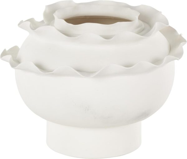Ceramic Abstract Wide Rounded Floral Vase with Layered Petals, 12" x 12" x 9", White