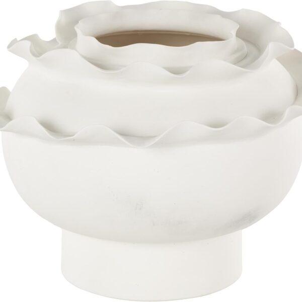 Ceramic Abstract Wide Rounded Floral  Vase with Layered Petals, 12" x 12" x 9", White