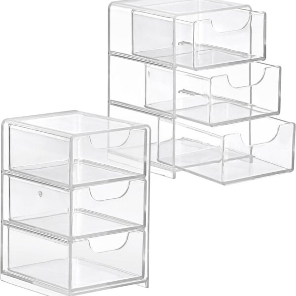 2 Packs Acrylic Desk Organizer with 3 Drawers Small Display Organizer for Makeup Cotton Swabs Jewelry Clear Qtip Storage Box for Living Room Bathroom Office