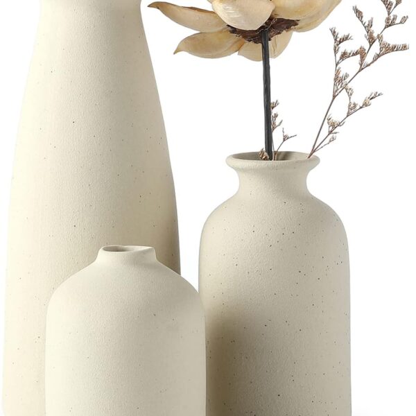 Beige Ceramic vase Set 3 Small Flower vases for Decor,Modern  Farmhouse Home Decor,Decorative vase for Pampas Grass&Dried Flowers,idea Shelf,Table,Bookshelf ，Entryway  Distressed