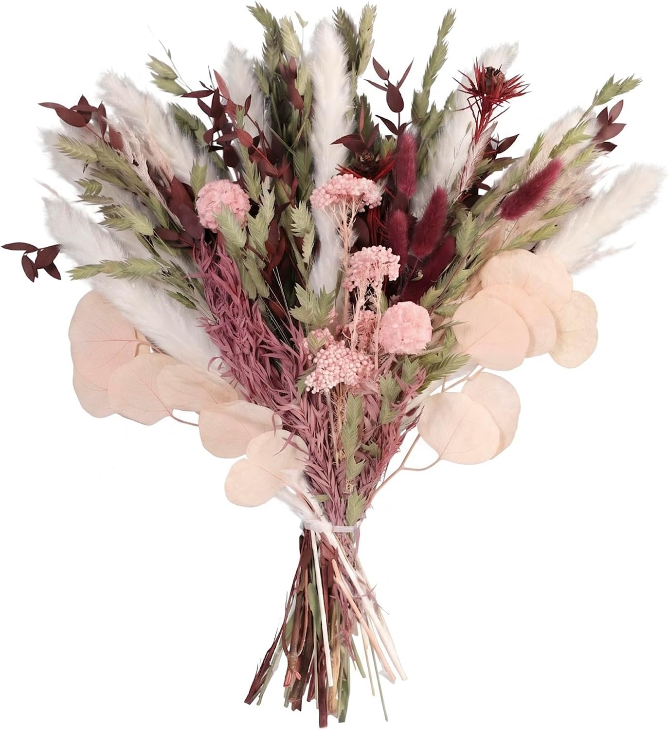 Pale pink and burgundy dried flower bouquet