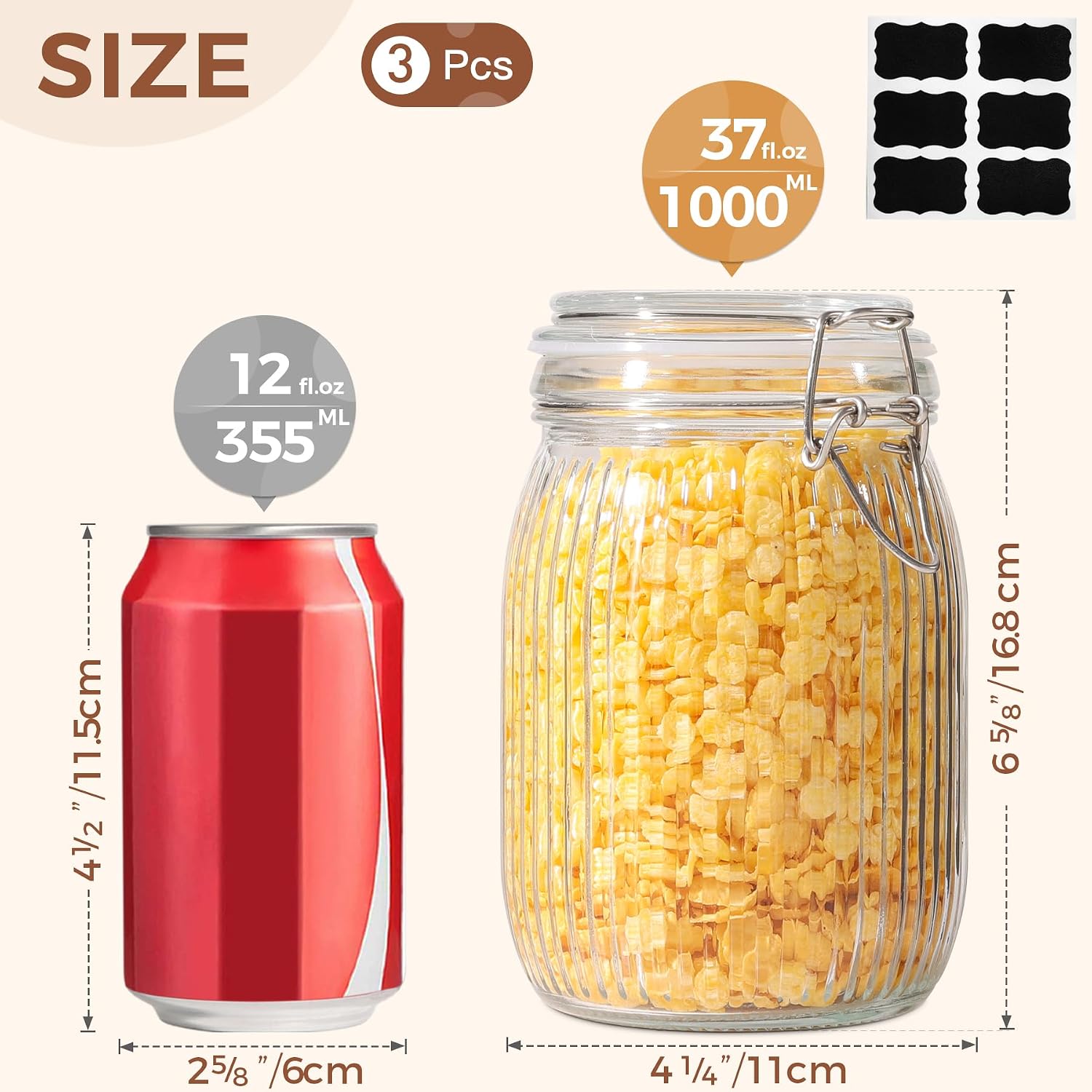 Airtight Glass jar with lid 37oz Set of 3, Glass Storage Containers with Lids, Glass Canisters, Striped Clip Fastening Jar for Kitchen Canning, Tea, Pasta, Sugar, Beans, Cookie, Jam, Oat Image 2