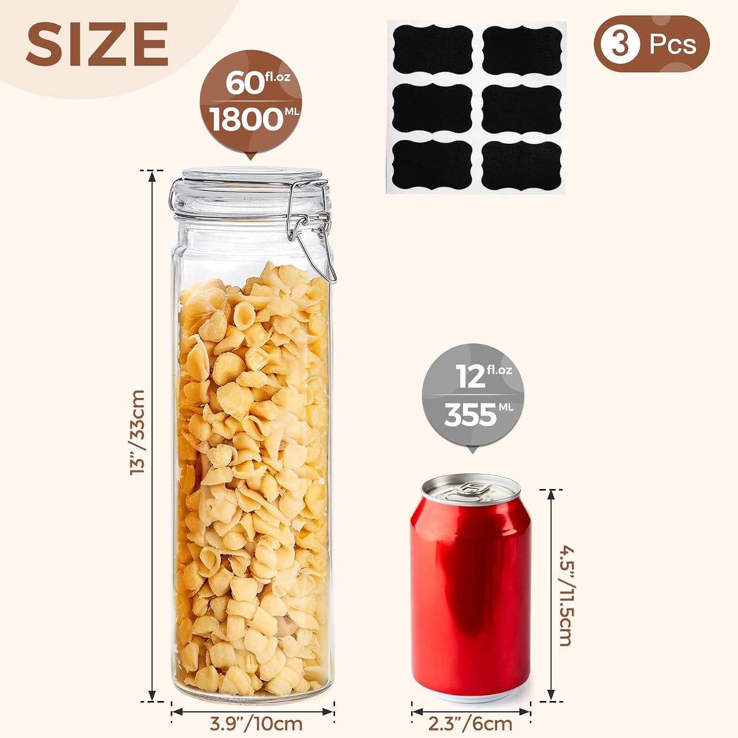 60oz Airtight Glass Jars Set of 3 with Lids Food Storage Jar Round Tall Spaghetti Container with Clear Preserving Seal Wire Clip Fastening, Pasta jar for Kitchen Canning, Nut,Oat, Dry Goods Image 2