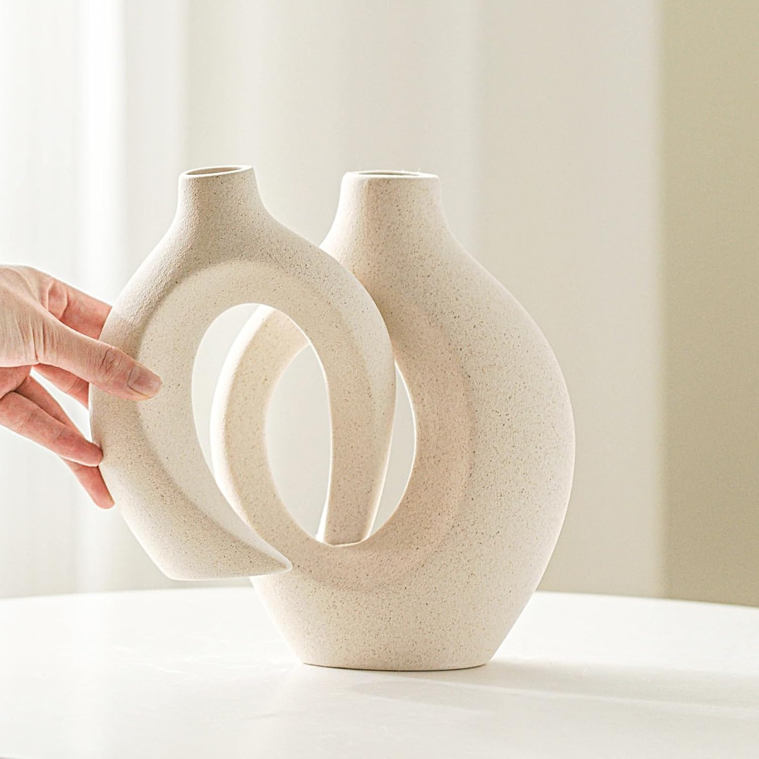 Hollow Ceramic Vase Set of 2, Decorative Ceramic Aesthetic Flower Vase for Home Decor (Milky White W 6 3" X H 8 4") Image 2