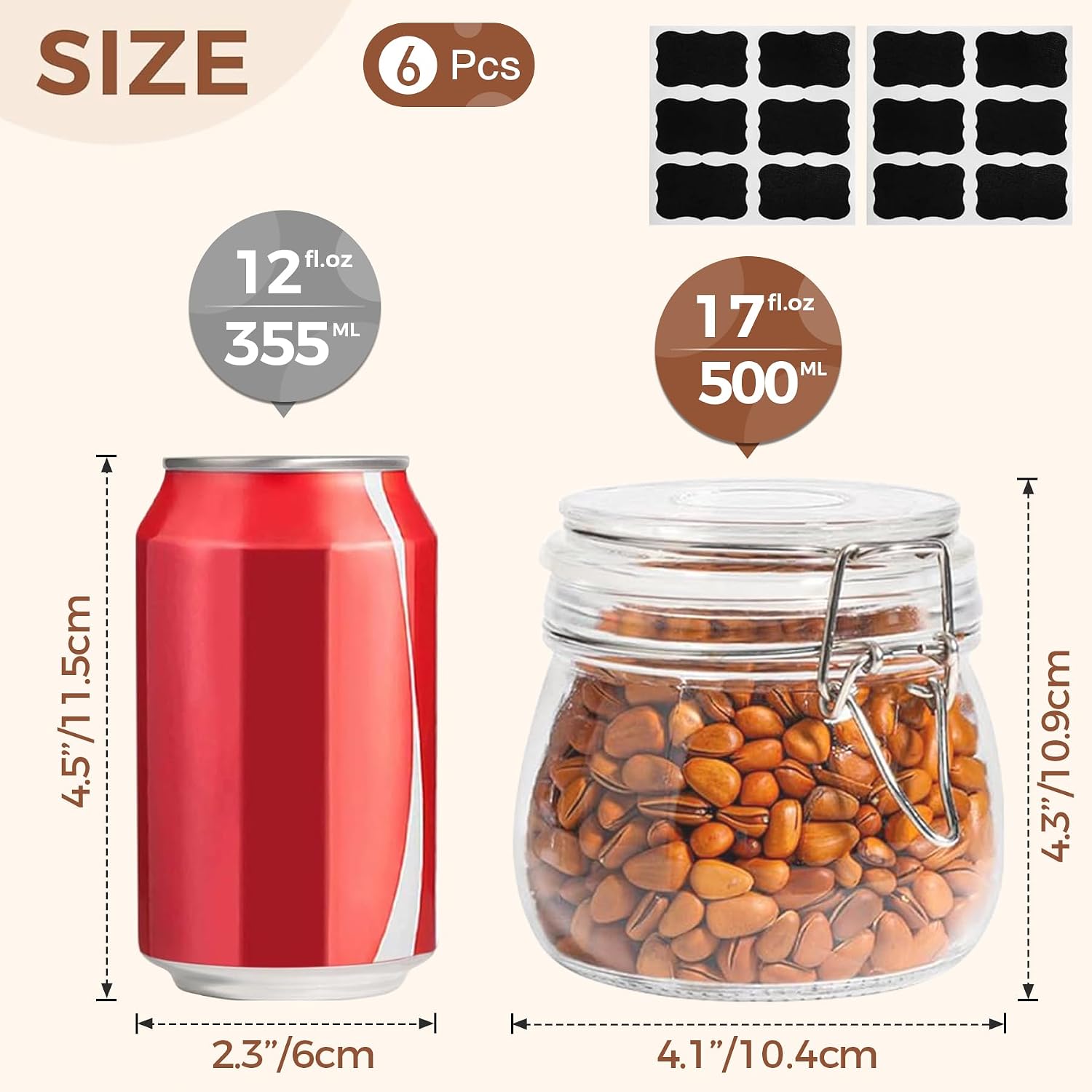 Airtight Glass Canister Set of 6 with Lids 17oz Food Storage Jar Round Storage Container with Clear Preserving Seal Wire Clip Fastening for Kitchen Canning Cereal,Pasta,Sugar,Beans,Spice Image 2