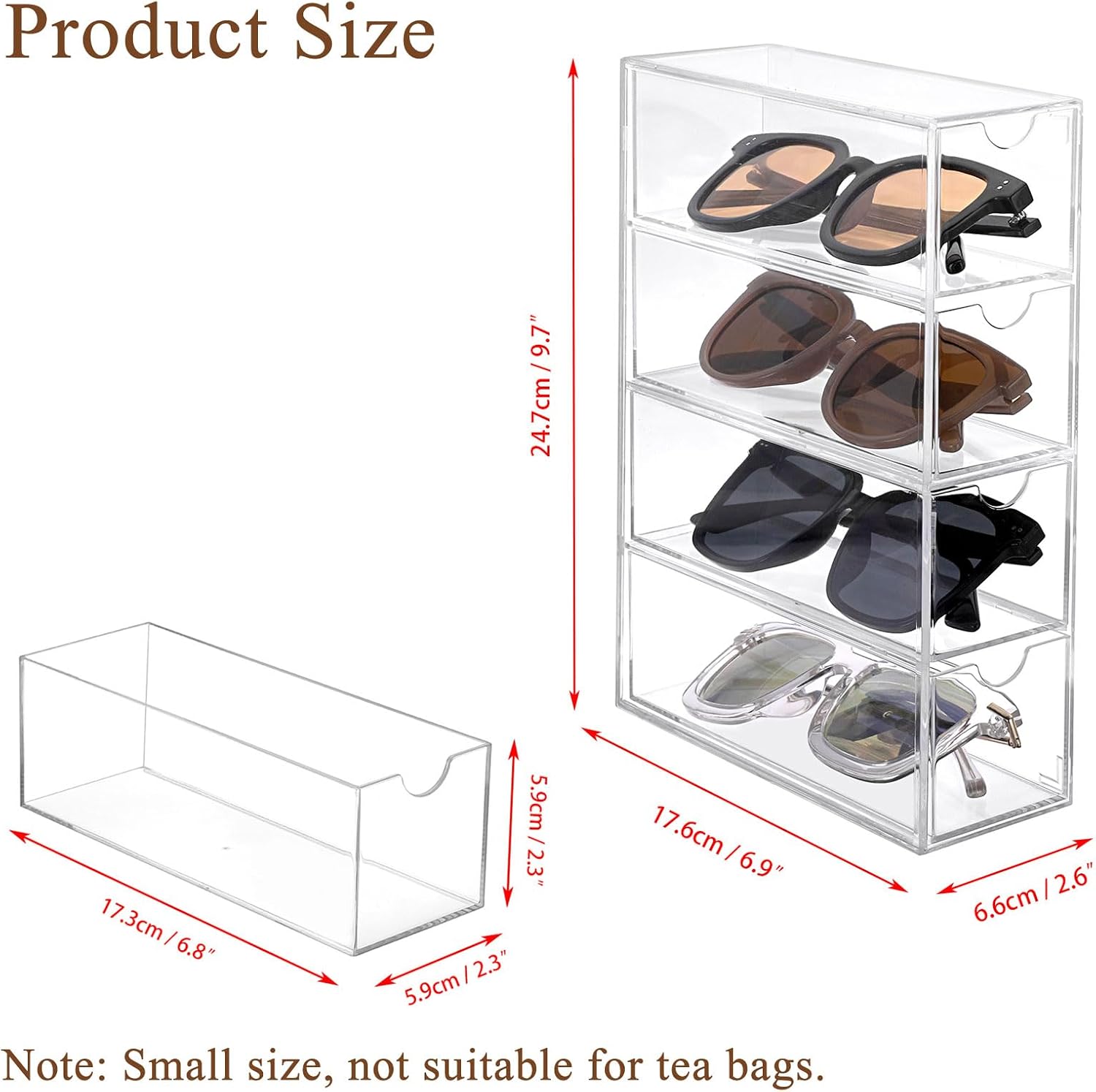 Acrylic Drawer Organizer Glasses Case Multiple Pairs Clear Desktop Drawers Box with 4 Pull Out Drawers Sunglasses Display Case Eyeglass Storage Organizer for Glasses Jewelry Image 2