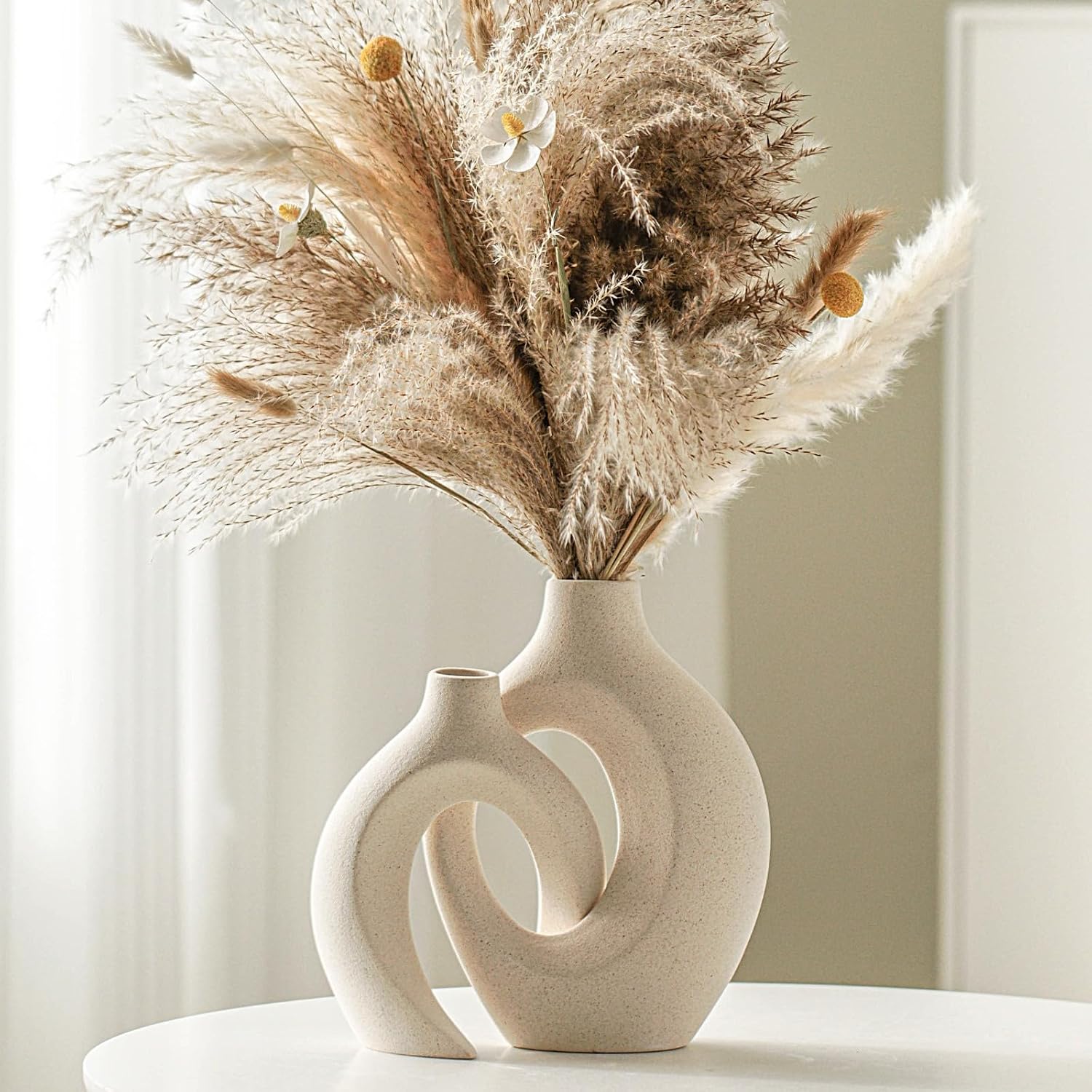 Hollow Ceramic Vase Set of 2, Decorative Ceramic Aesthetic Flower Vase for Home Decor (Milky White W 6 3" X H 8 4")