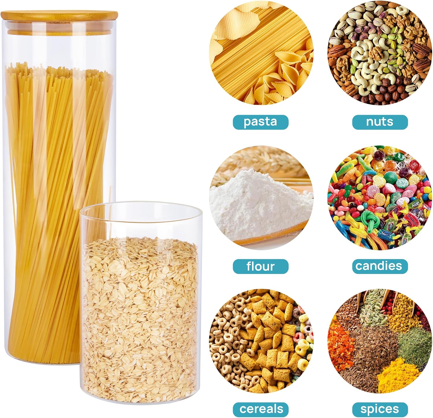 Glass Food Storage Jars, 7 Pack Food Containers with Airtight Bamboo Wooden Lids for Pasta, Cookies, Nuts, Coffee Beans, Cereal, Glass Canisters for Kitchen, Pantry Organization, BPA Free Image 2