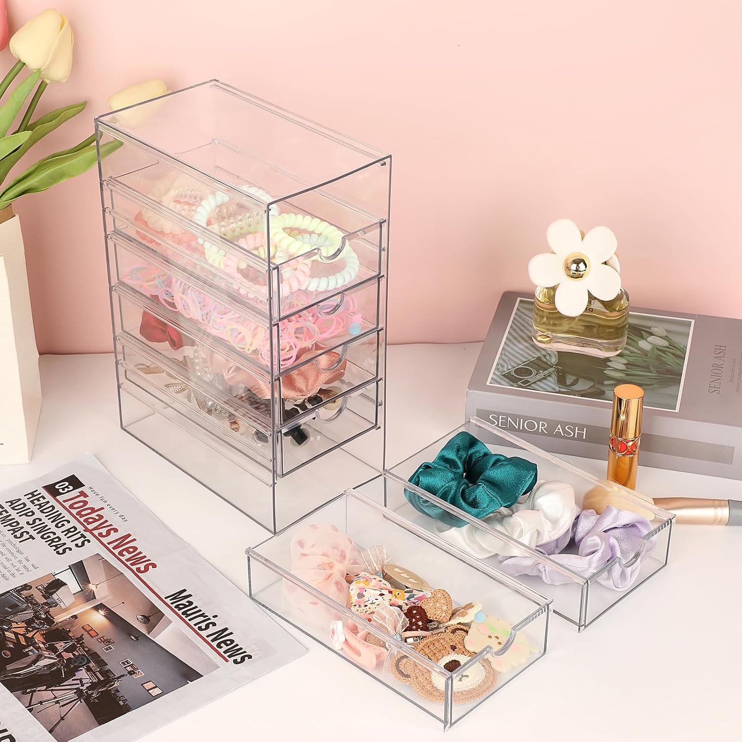 Plastic Drawer Organizer Clear Desktop Drawers Box with 6 Pull Out Drawer Compact Storage Box for Cabinet Vanity Bathroom Bedroom Pantry Shelf Office or Closet Organization Image 2