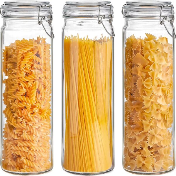 60oz Airtight Glass Jars Set of 3 with Lids Food Storage Jar Round Tall Spaghetti Container with Clear Preserving Seal Wire Clip Fastening, Pasta jar for Kitchen Canning, Nut,Oat, Dry Goods