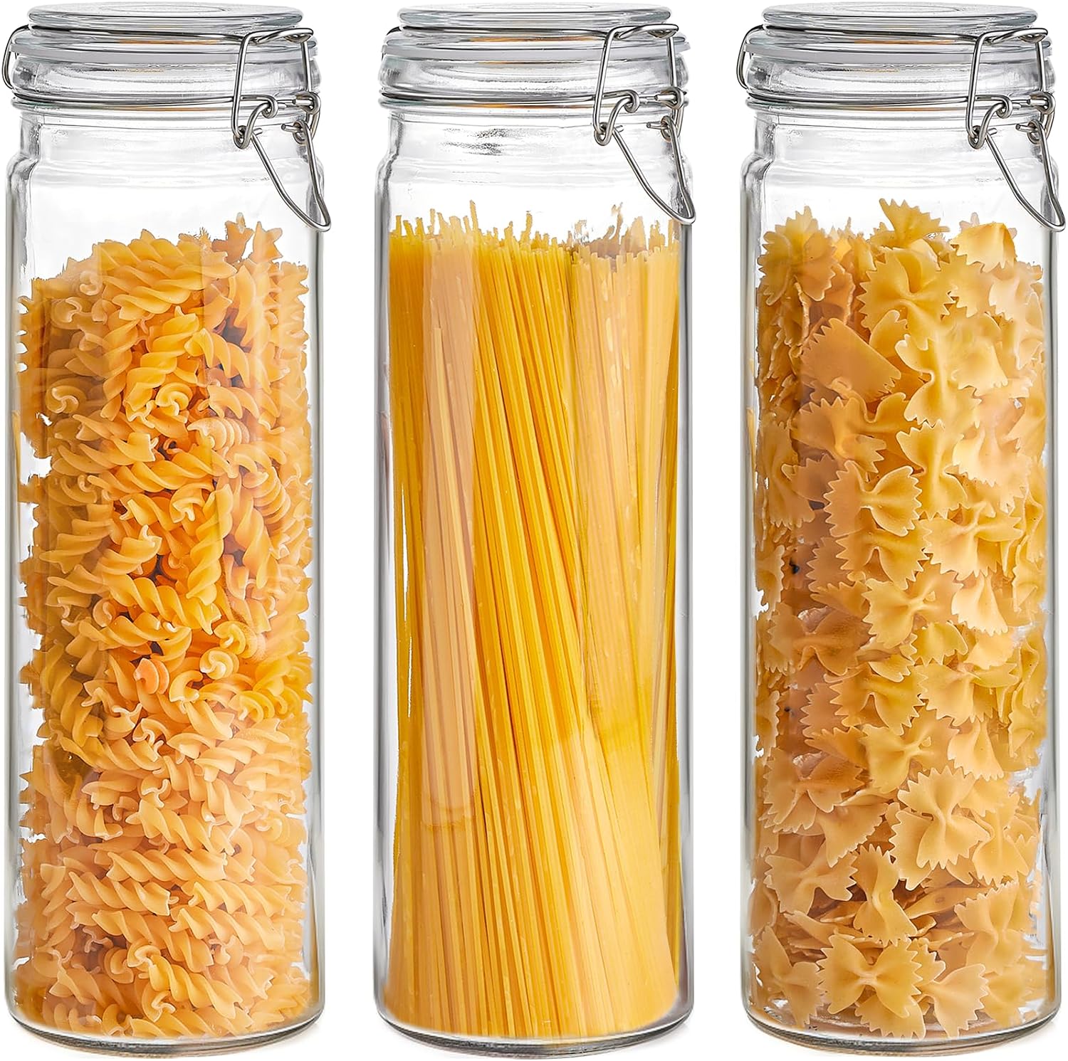 60oz Airtight Glass Jars Set of 3 with Lids Food Storage Jar Round Tall Spaghetti Container with Clear Preserving Seal Wire Clip Fastening, Pasta jar for Kitchen Canning, Nut,Oat, Dry Goods