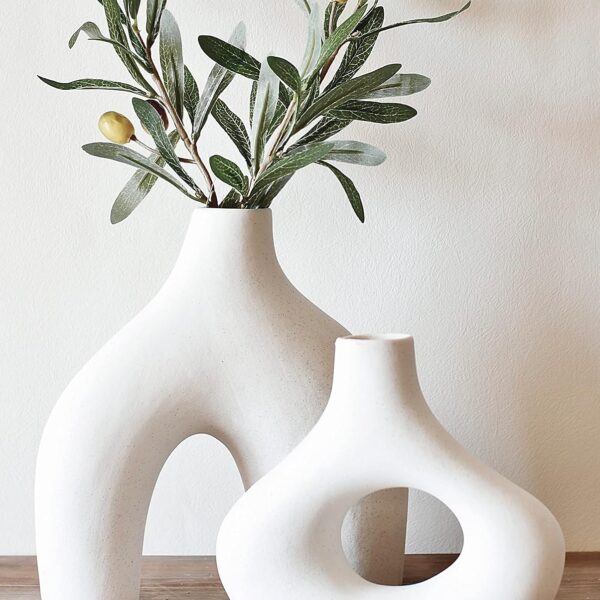 Donut Vase, Set of 2   Minimalist White Ceramic Hollow Donut Vase Decor | Table Centerpiece, Olive Plant, Wedding, Living Room, Bookshelf, Office, Modern Home, Entryway, Console