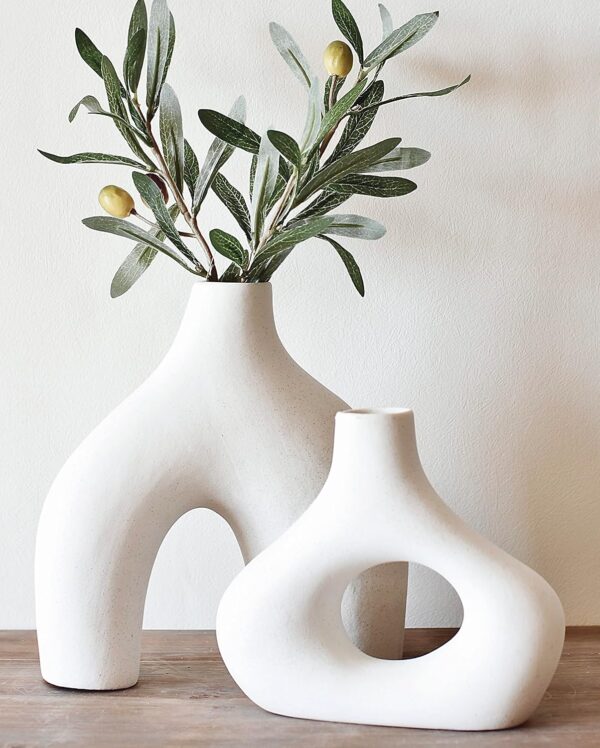 Donut Vase, Set of 2   Minimalist Nordic, White Ceramic Hollow Donut Vase Decor | Table Centerpiece, Olive Plant, Wedding, Living Room, Bookshelf, Office, Modern Home, Entryway, Console