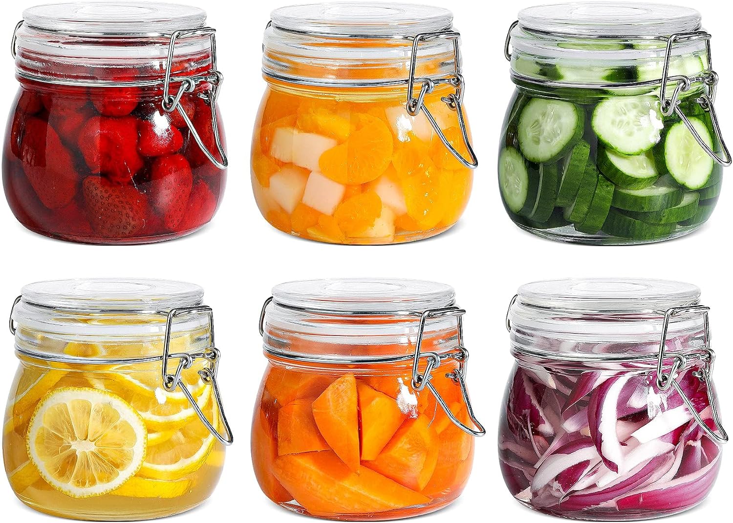 Airtight Glass Canister Set of 6 with Lids 17oz Food Storage Jar Round Storage Container with Clear Preserving Seal Wire Clip Fastening for Kitchen Canning Cereal,Pasta,Sugar,Beans,Spice