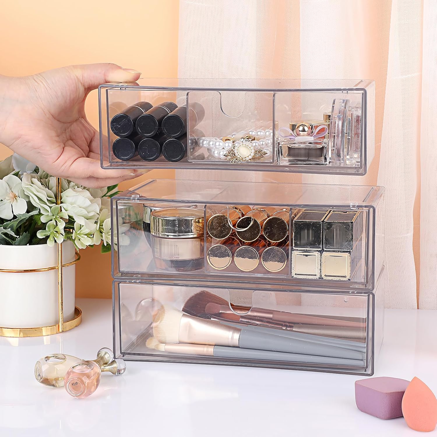 Acrylic Storage Drawers 3 Tier Stackable Bathroom Makeup Organizer Cotton Swabs Qtip Holder for Vanity Cosmetics Office Supplies Clear Desktop Organizer with Removable Dividers Image 2